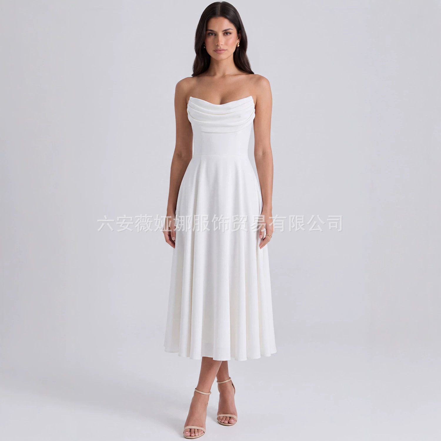 European and American style strapless evening gown, mid-length, suitable for banquets and parties, hostess dress, independent brand, cross-border fashion, slim-fit dress