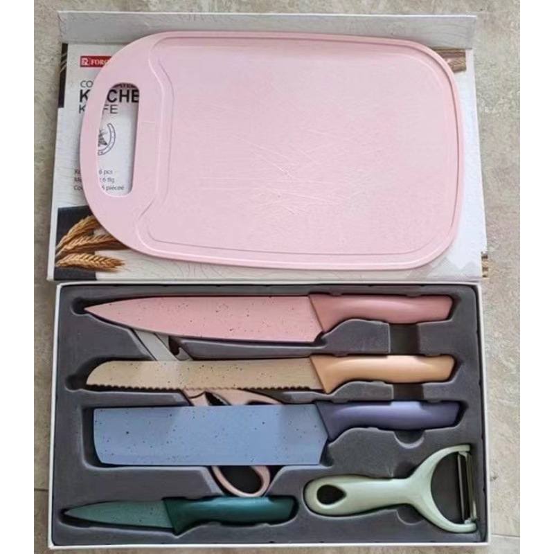 Comercio exterior transfronterizo exportación conjunto de cuchillos de cocina de paja de trigo de color seis piezas de cocina combinación de cuchillos de pintura de color