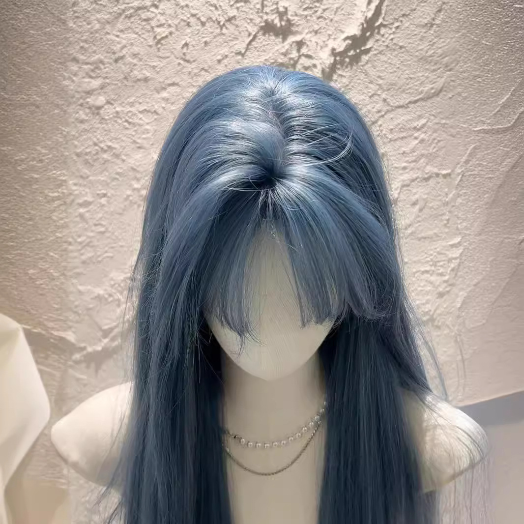 Parrucca blu Koni da donna - Parrucca lunga dall'aspetto naturale con frangia e capelli lisci per cosplay e moda