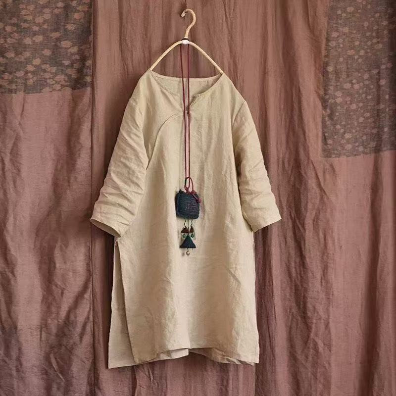 Original Homemade Ramie Mid-Length Dress Hand-Sewn Round Neck Artistic Pullover Top Women's Casual Mid-Sleeve Tea Suit Original Homemade Ramie Mid-Length Dress Hand-Sewn Round Neck Artistic Pullover Top Women's Casual Mid-Sleeve Tea Suit