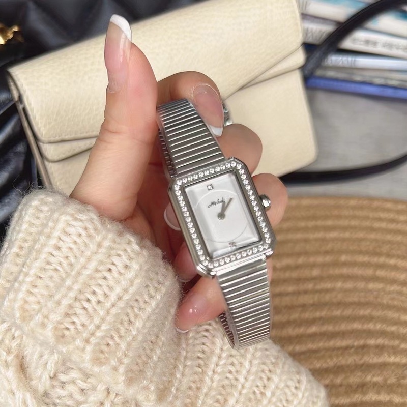Mishali New Fashion Women's Watch Small Silver Watch with Diamonds Elegant Square Small Dial Steel Belt Live Broadcast Model