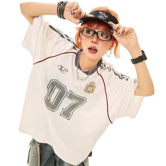 American Retro Sports Style Jersey Women's Summer College Style Mesh Rugby Short-sleeved T-shirt Loose Couple Top