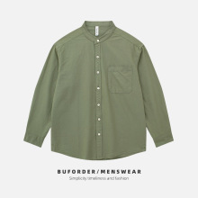 春秋男士纯棉长袖衬衫圆领修身休闲日系立领上衣潮M11青年修身