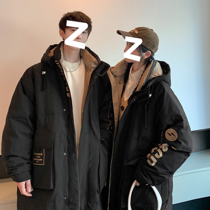 港风工装冬季羽绒服极寒保暖中长款新款连帽青少年学生情侣装外套