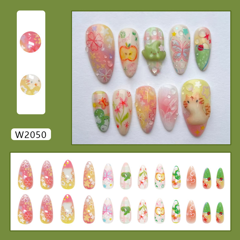 外贸水果气泡蝴蝶花朵猫咪ins风可拆卸美甲24片press on nails|undefined