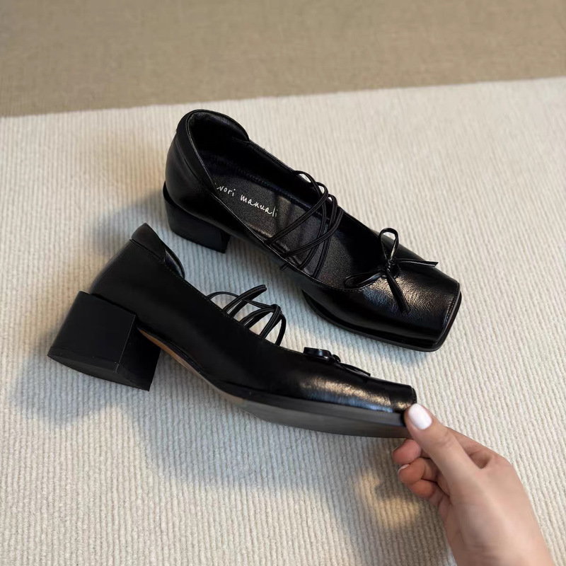 High Heels for Women 2025 New Autum Thick Heel Silver Flats French Square Toe Ballet Mary Jane Small Leather Shoes