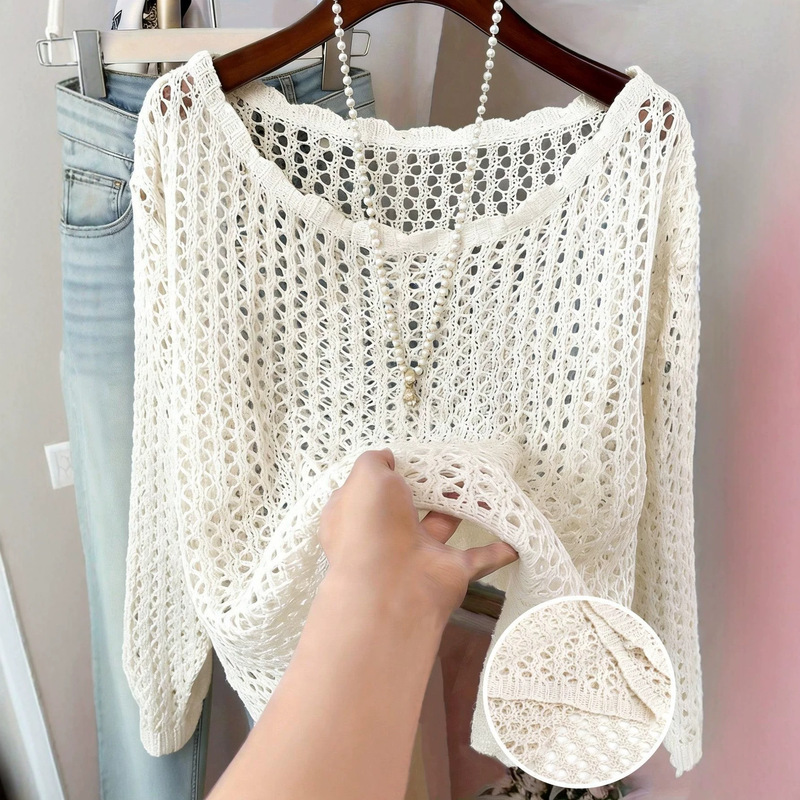 Factory Direct Sales Temu/Shein Popular Hollow-Out Knit Cover-Up, Solid Color Loose Sun-Protective Outerwear for Women Wholesale