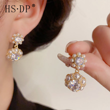 韩式设计感气质复古水钻珍珠花朵耳坠女轻奢高级感网红耳环批发