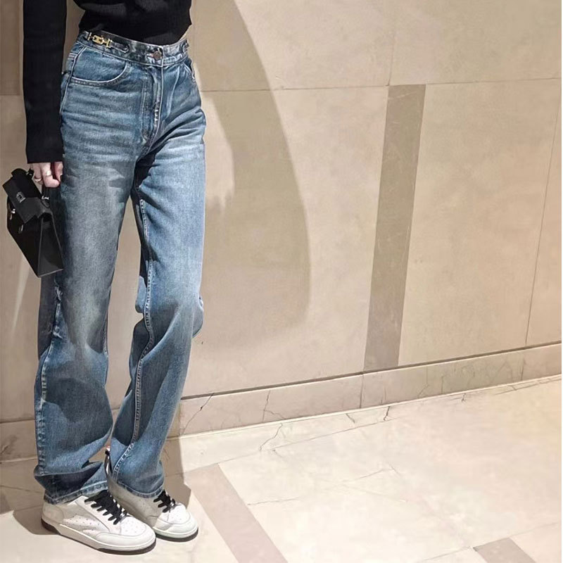 Correct Version Ce Arc De Triomphe Hardware Chain Classic Simple Straight High-Waisted Jeans for Women Blue White Correct Version Ce Arc De Triomphe Hardware Chain Classic Simple Straight High-Waisted Jeans for Women Blue White