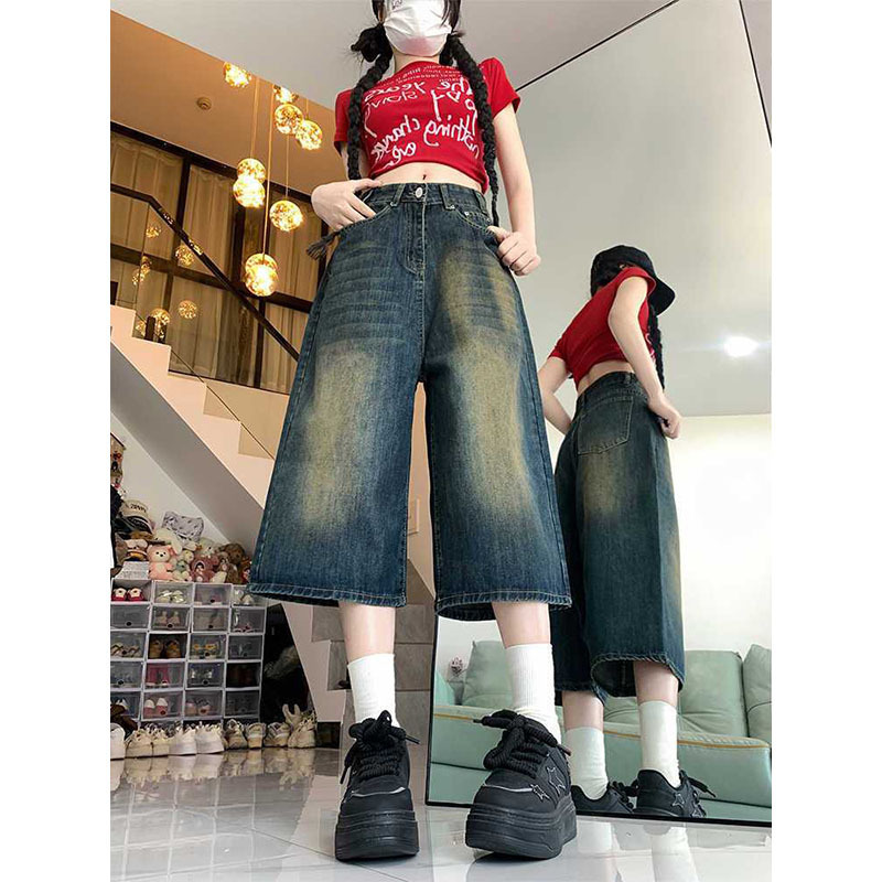 Factory Direct Sales and Wholesale Cross-Border American-Style High-Waisted Wide-Leg Cropped Loose Washed Vintage Blue Straight Denim Shorts for Women Factory Direct Sales and Wholesale Cross-Border American-Style High-Waisted Wide-Leg Cropped Loose Washed Vintage Blue Straight Denim Shorts for Women