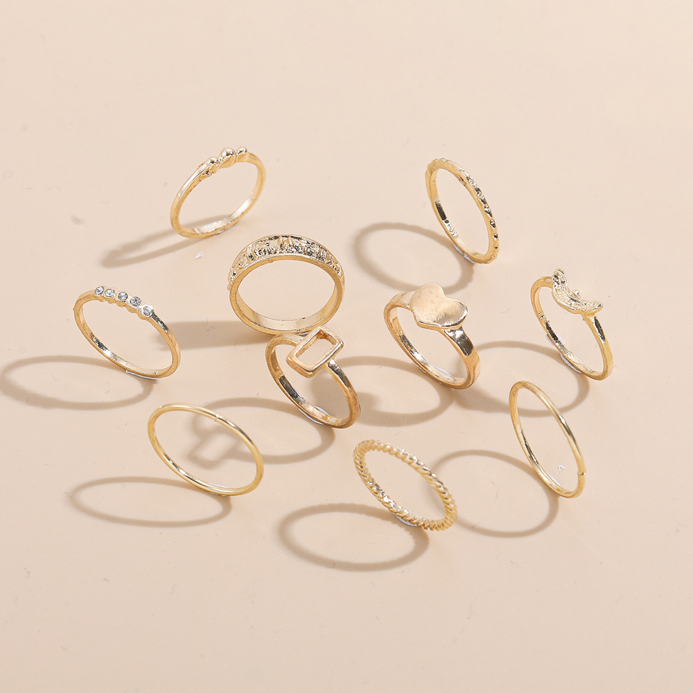 New Retro Fashion Alloy Hollow Gold Ring 10-piece Set display picture 1