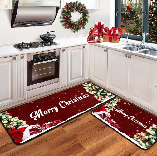 Christmas Series Crystal Velvet Floor Mat, Stain-Resistant and Dirt-Repellent, Two-Piece Kitchen Rug Set, Water-Absorbent and Wear-Resistant Door Mat, Decorative Carpet