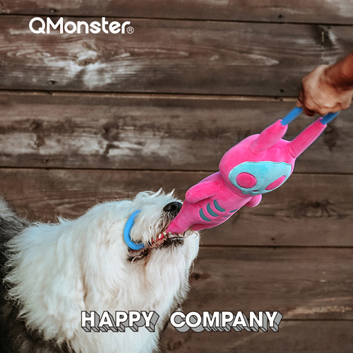 Qmonster pet plush toy handle skeleton whole rope running through sound tug of war interactive dog toy