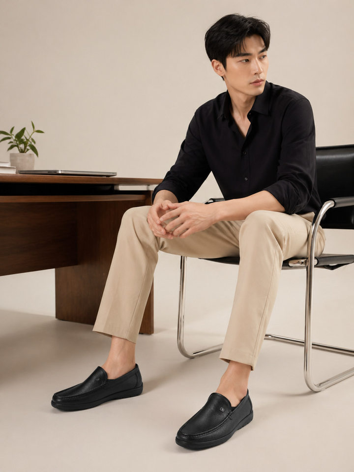 Giày lười nam da thật mũi tròn, giày da nam kiểu lười xỏ chân đế mềm, gót thấp 1–3 cm — Thương mại Brown, Thời trang đen chi tiết 13