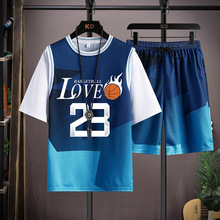 夏季新款2024运动休闲速干套装假两件T恤男青少年初中生篮球服潮