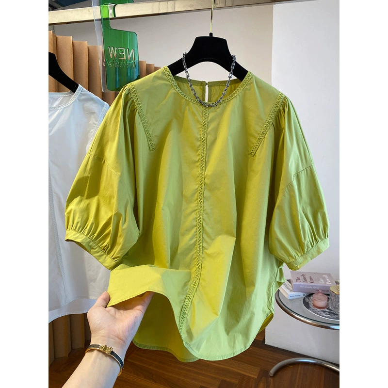 2024 новая корейская стильная свободная зеленая рубашка с пышными рукавами и круглым вырезом, женская рубашка с короткими рукавами и рукавами-фонариками три четверти, топ-бебидолл
