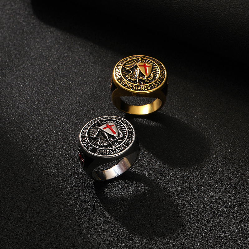 Ventas transfronterizas de estilo europeo y americano retrógrado templario escudo cruz anillo nicho personalidad vestir joyas image 4
