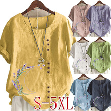 2022跨境小清新复古棉麻气质圆领民族风韩版花月印花女装上衣现货