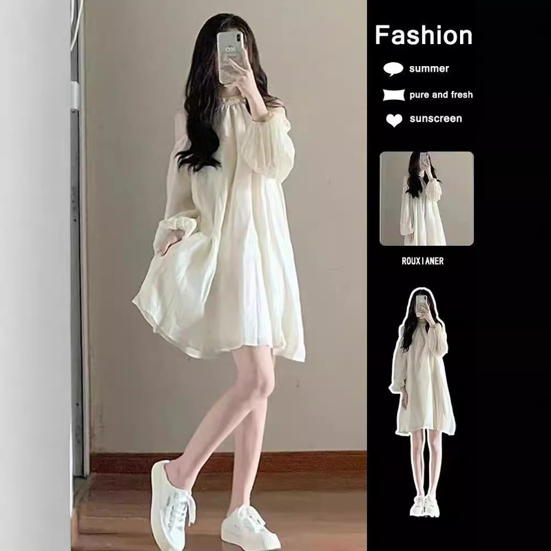 Cross-border Wholesale Tea Break French Shoulder Neck dress Women's High-end Pure Long-sleeved Fairy Dress