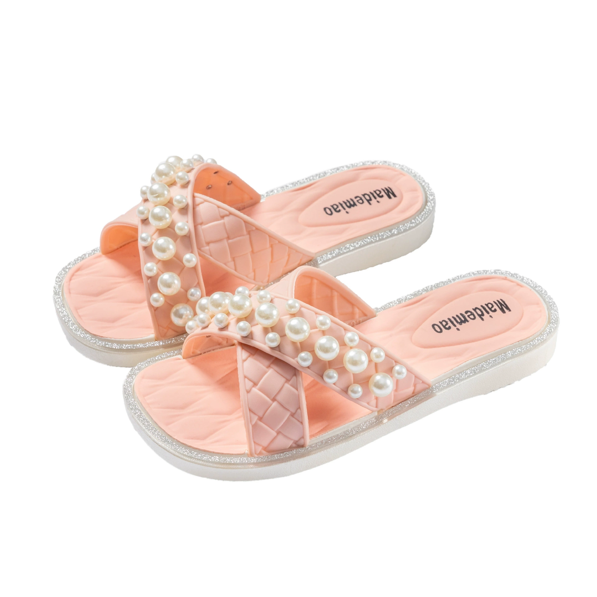 Fashionable children's summer non-slip slippers from pearl, slide indoor for princess, city style, wholesale, soft sole