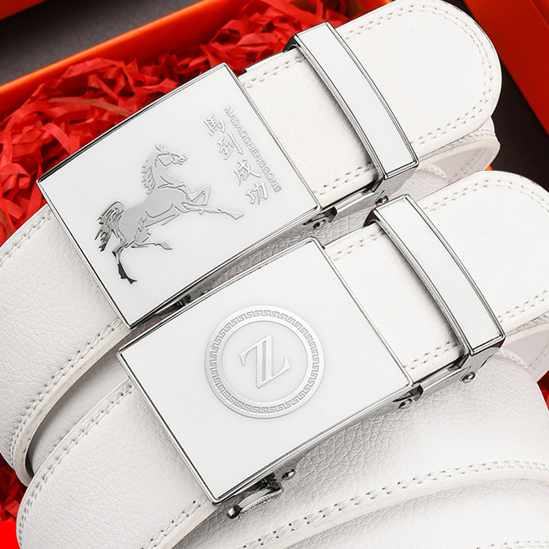 Belt Men's Genuine Leather White Automatic Buckle Belt Letter Trendy Personalized Trouser Belt Korean Version Dropshipping Factory Direct Sales