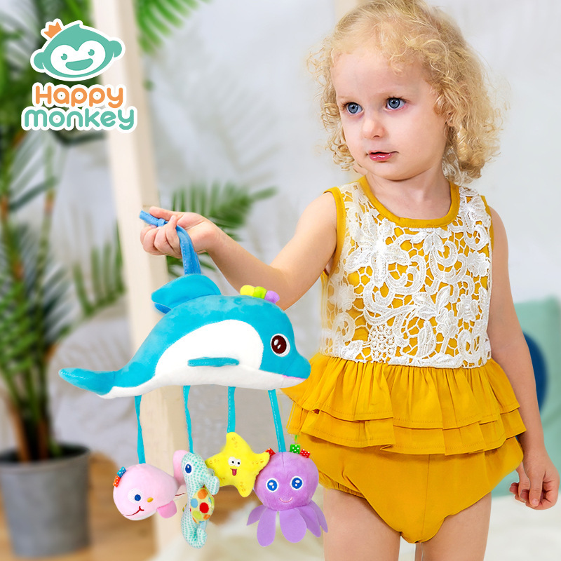 Juguete de peluche relajante con sonajero para colgar en la cuna o cochecito de bebé, con diseño de mono feliz.