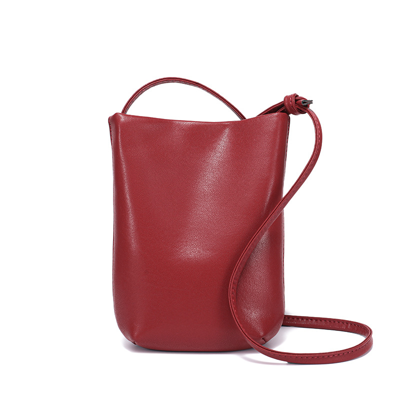 Genuine Leather Vintage Shoulder Crossbody Bag Mobile Phone Bag For Women 2025 Summer New High-End Bucket Bag Small Commuter Bag - Thumbnail 7