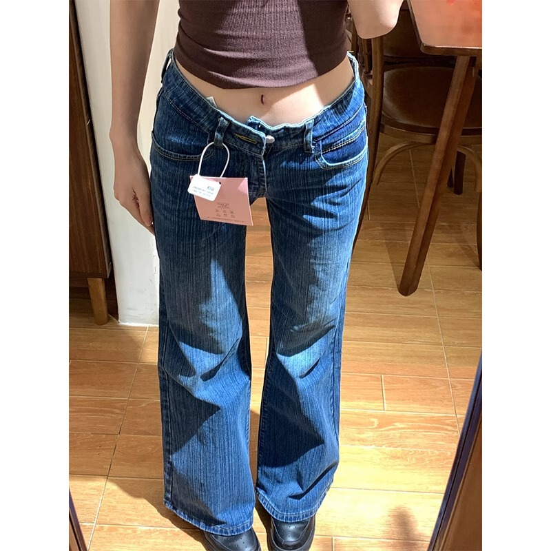 Dark Blue Bamboo-Patterned Retro Flared Jeans for Tall Women, Loose-Fitting, Low-Waisted, Not Tight on the Legs