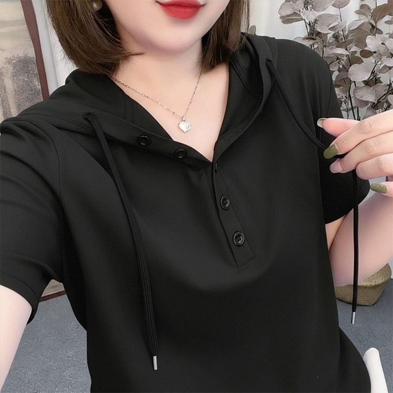 [Combed Cotton 95% Cotton 5% Spandex] Women's Summer Versatile Stylish and Youthful Short-Sleeved Hooded Button-Up T-Shirt