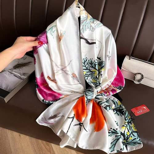 brocade silk scarf for women's all-matching spring and autumn satin scarf sunscreen shawl long beach towel thin gauze scarf seaside