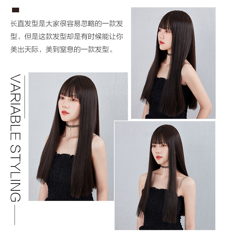 Peluca de pelo largo de las mujeres cubierta de la cabeza completa red Rojo Negro pelo largo y recto natural flequillo de aire simulación de cabello esponjoso Peluca de reparación de cabello