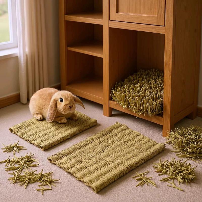 Игрушки для кроликов ручной работы: плетеные из соломы коврики для жевания, аксессуары для чистки зубов, подвесные игрушки для жевания.