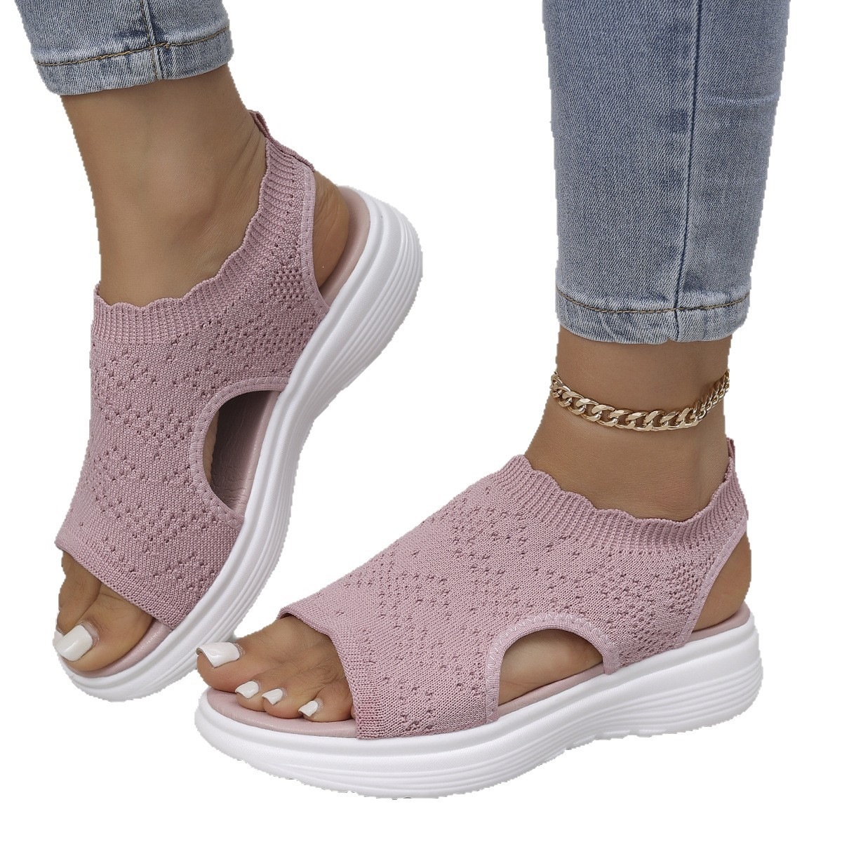 Sandalias de Cuña Tejidas para Mujer Talla Grande de Tela y Caucho con Suela Gruesa para Verano image 6