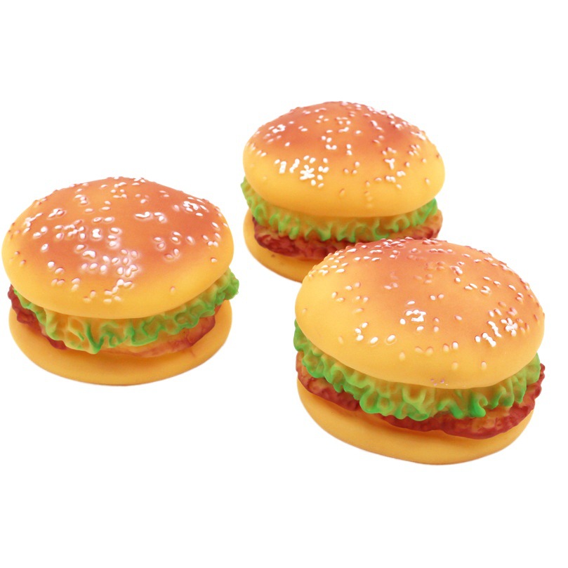 Venta al por mayor mascota sonando juguete hamburguesa gato y perro juguete simulación alimento molar mascotas suministros
