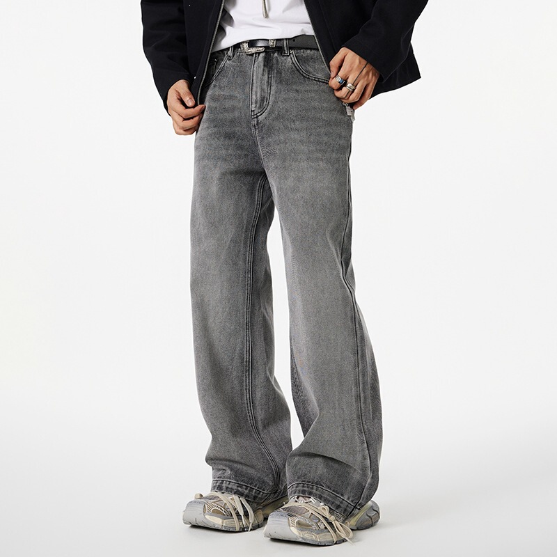 Gtrg New American-Style Casual Wide-Leg Distressed Design Long Pants Black and Gray Versatile Washed Flared Jeans for Men Cotton