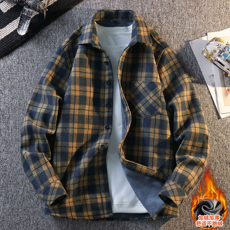 Plaid Long-Sleeve Fleece-Lined Men's Shirt for Spring and Autumn, Trendy Fashion Color-Blocking Shirt with a High-End Feel, Thickened Thin Fleece Jacket Plaid Long-Sleeve Fleece-Lined Men's Shirt for Spring and Autumn, Trendy Fashion Color-Blocking Shirt with a High-End Feel, Thickened Thin Fleece Jacket