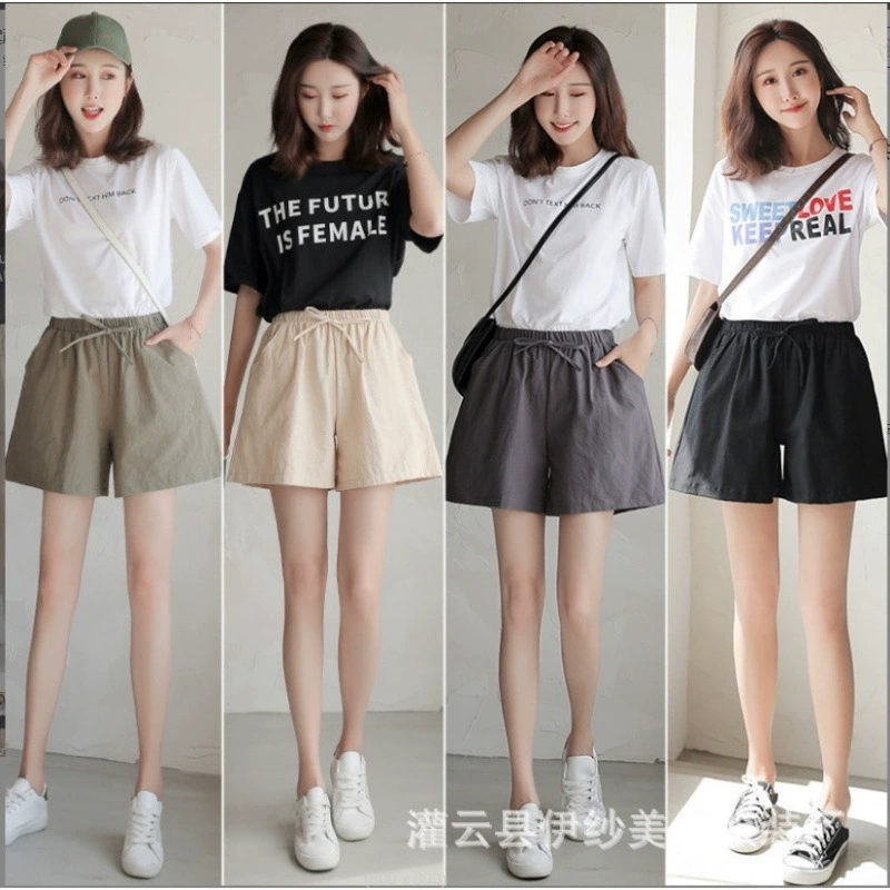 Летние брюки, спортивные шорты для отдыха, oversize, хлопок и лен, plus size, клиньяя линия, эластичный пояс