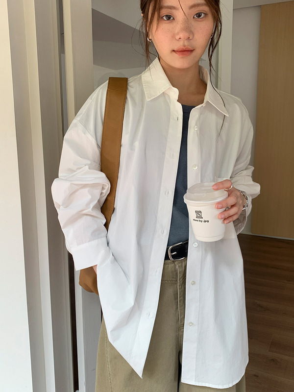 广州十三行2025秋韩系纯棉宽松前短后长设计休闲长袖衬衫女02707|undefined