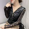 Mesh patchwork leather sleeves patchwork lace long sleeved undershirt for women