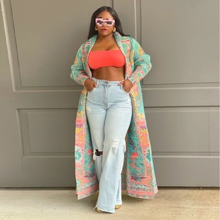 Women's Cross-Border 3406 Long Trench Coat for Export, European and American Amazon Plus Size Pleated K1 Print Popular Style