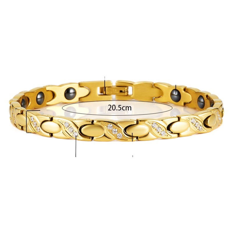 Fuente de suministro de joyería: Brazalete magnético de acero inoxidable con forma de pez y diamantes incrustados en oro para mujer, oro rosa, no se desvanece, diseño magnético para mejores amigas.