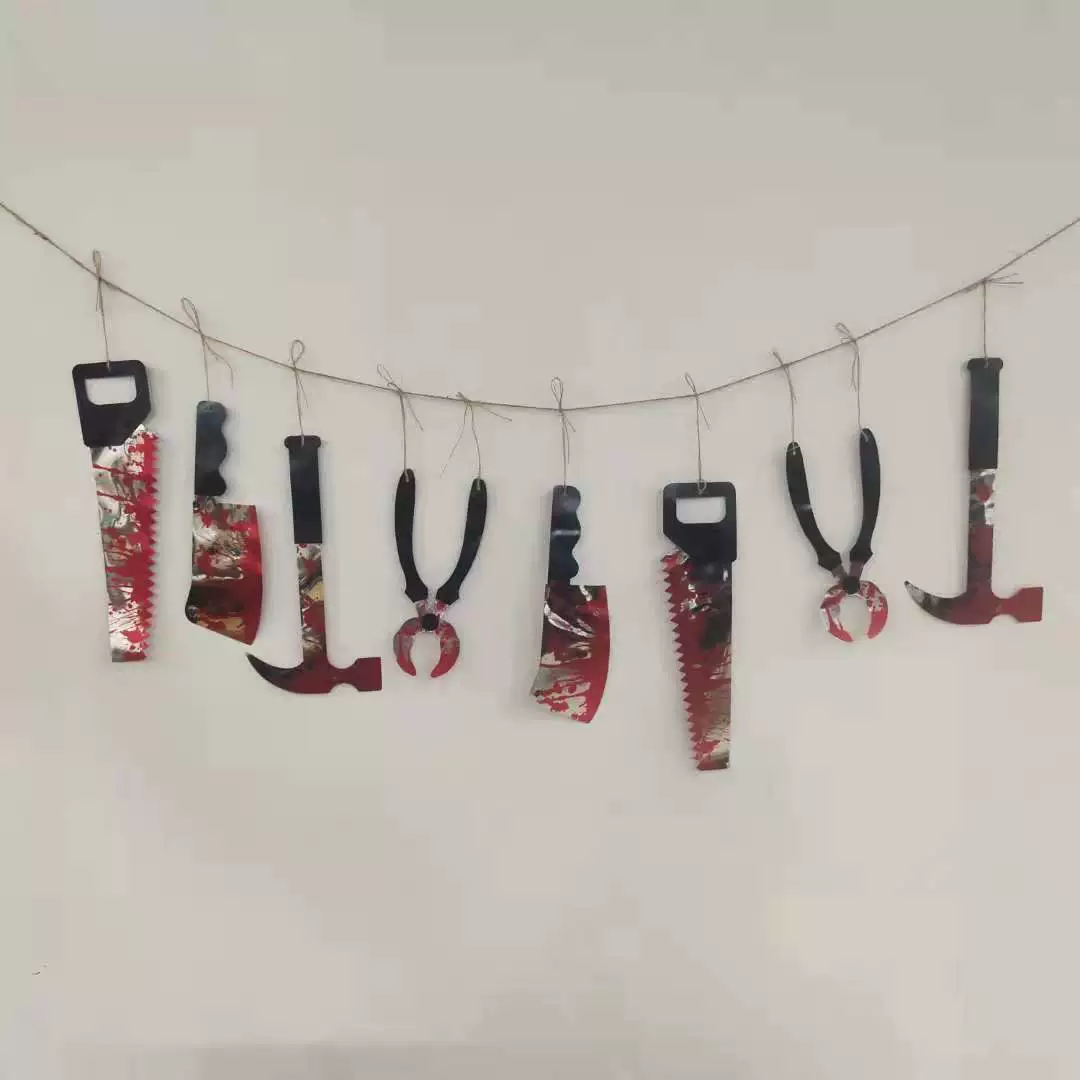 Halloween PVC hanging decorations — blood knife garland, severed hands/feet, stickers and warning tape