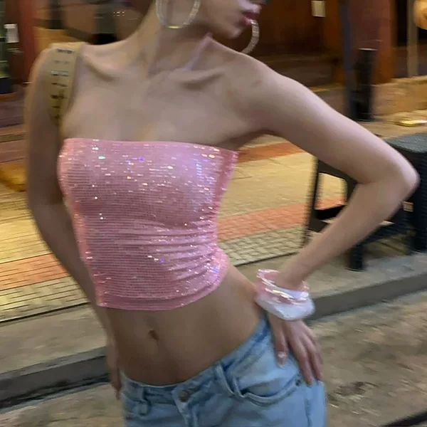 Fashion Trendy Women's Clothing New Style Personality Street Style Sexy Tube Top with Fine Glitter Backless Bodycon Tank Top That Shows Off the Figure