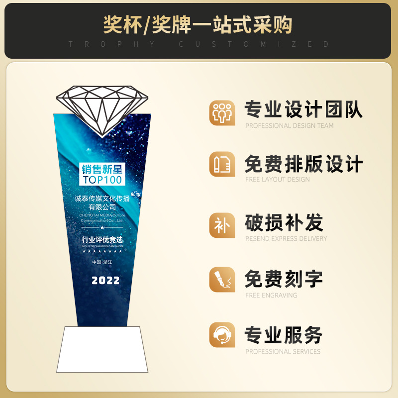 Trofeo de cristal de metal Personalización de juegos de sentido avanzado Reunión anual Excelente personal Premio al equipo de premios Recuerdos