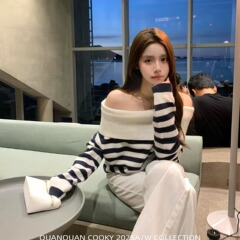 圈圈cooky 济州日记 韩系条纹翻领显瘦慵懒感一字肩针织长袖毛衣