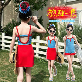 女童格子泳衣2025夏季小女孩洋气连体泳装中大童海边度假风游泳衣