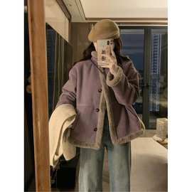 紫色高级感正肩短款外套女秋冬季新款韩版宽松皮毛一体上衣A8676