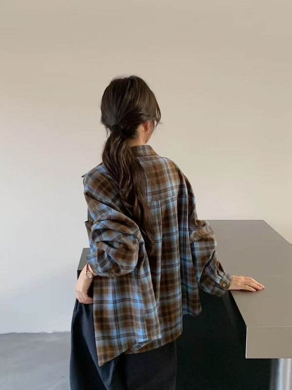 25年秋款格子衬衫长袖磨毛TR材质宽松休闲韩版学院风衬衣外套上衣|undefined