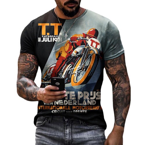 New trendy European and American import and export leather jacket style short sleeve casual 3D printed loose crew neck men's T-shirt cross-border