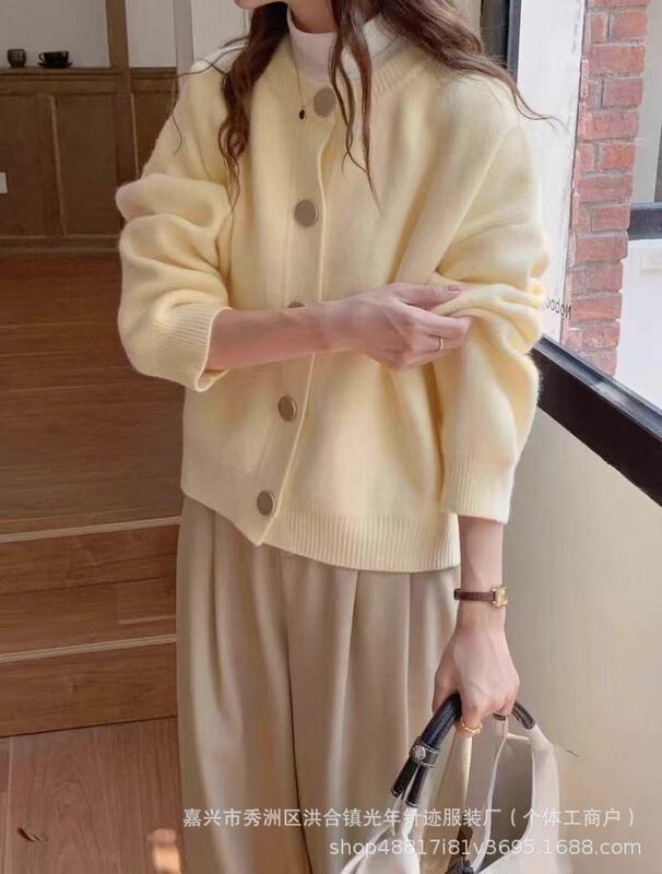 温柔风毛衣外套女韩版宽松慵懒纯色针织开衫圆领长袖休闲外搭上衣|undefined
